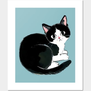 Cute Tuxedo Cat With Shrimp-like shape Posters and Art